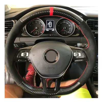 (White Thread) Non-Slip Black Carbon Fiber Suede Car Steering Wheel Cover Braid For Volkswagen