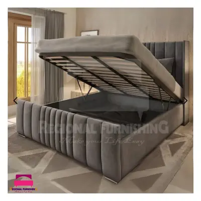 (Single-3ft (With Gaslift), Grey Plush) Winged Panel Bed Frame Ottoman GasLift Storage Bed Uphol