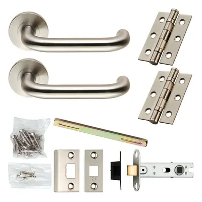 Door Handle & Latch Pack Satin Steel Smooth Curve Lever Screwless Round Rose