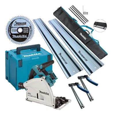 Makita DSP600ZJ 36v Twin 18v Brushless Plunge Saw 2x1.5m Guide Rail Clamp +Blade