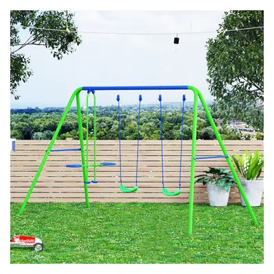 Outsunny Metal Swings & Seesaw Set Height Adjustable Outdoor Play Set, Green