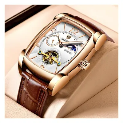 (rose gold,white) Lige Original Men Watch Fashion Casual Leather Strap Automatic Mechanical Watc