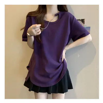 (Purple, S) Short Sleeve T Shirts for Women Summer New Loose Solid Simplicity Plus Size Street C