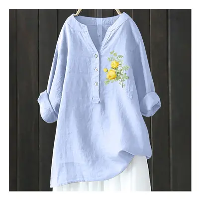 (HCY34, XXL) Women's Autumn Winter New Fashion Printed Button Up Shirt Long Sleeved Bamboo Linen