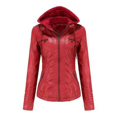 (red, XXL) Women Spring Autumn Hooded Two Piece Removable Large Size Pu Washed Leather Jacket S-