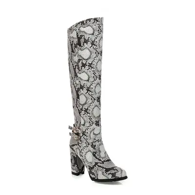 (grey, 34) Q/women&apos;s High Heel Boots Sexy Snake Skin Pattern Thick Heel Women&apos;s Boots 