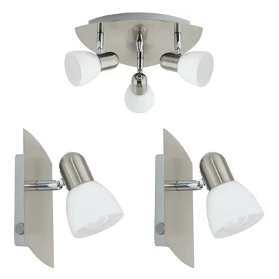 Ceiling Spot Light & 2x Matching Wall Lights Satin Nickel & Glass Triangle Lamp