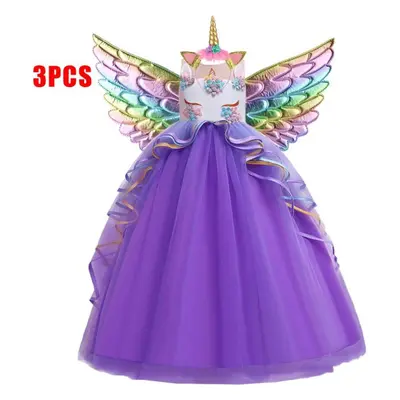 (purple, 150CM) Lace Unicorn Dress Party Birthday Flower Princess Dress With Headband Wing Child