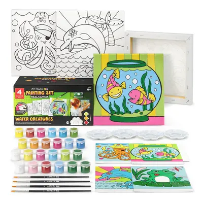 ARTEZA Kids Water Creatures Painting Kit Canvases x Inches Acrylic Paints Paint Brushes Palettes