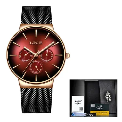 (Gold Red) Lige Casual Mesh Belt Fashion Quartz Mens Watch