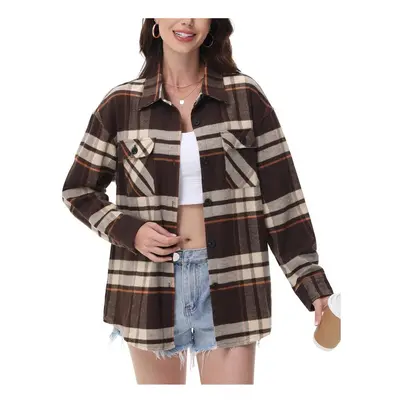 (Yellow Brown, M) Casual Flannel Plaid Shirts Womens Long Sleeve Button-Down Blouse Chest Pocket