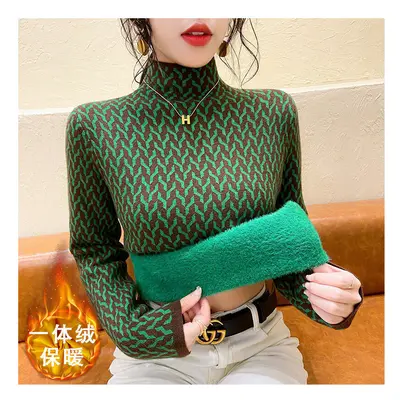 (green, M) Fleece Sweater Bottoming Shirt Female Autumn Winter Thick Interior Lapping Half Heigh