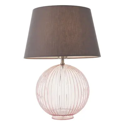 Table Lamp Dusky Pink Ribbed Glass & Charcoal Grey Cotton 40W E27 GLS