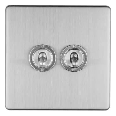 2 Gang Double Retro Toggle Light Switch SCREWLESS SATIN STEEL 10A Way Lever