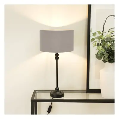 Maggie Black Candlestick Table Lamp with Grey Fabric Drum Lamp Shade