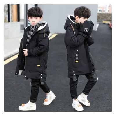 (black, 140) Boys Winter Parka Thickened Down Jacket Top Long Warm Jacket With Warm Gloves Attac