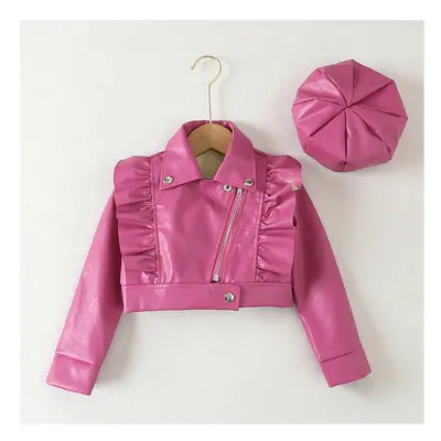 (As The Picture, 5T(Size 120)) Girls PU Coat Spring Autumn Fashion Leather Jacket +Cap 2Pcs Litt