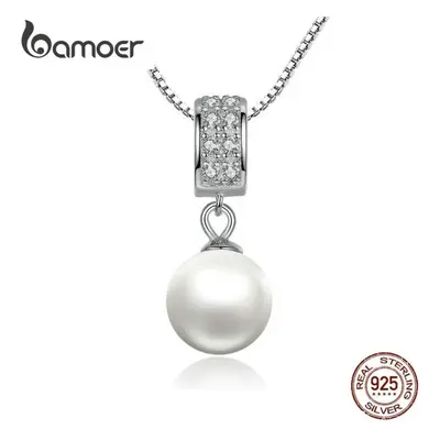 (N030) Bamoer Sterling Silver Simulated Pearl Pendant Necklace Long Chain Necklace Jewelry