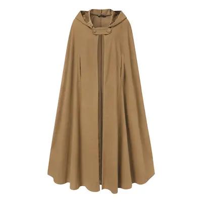 (Khaki, XXXL) Women Stylish Long Cape Cloak Hooded Wool Blend Cloak Coat Autumn Hoodies Poncho W