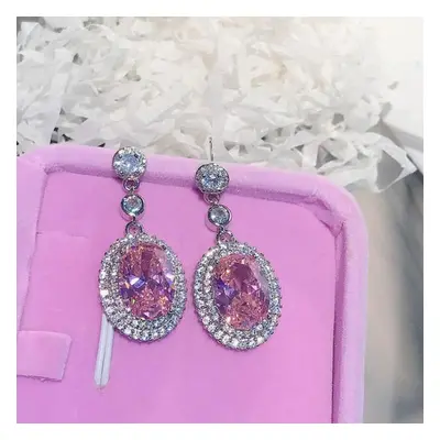 (pink) Real S925 Silver Sterling Sapphire Drop Earring For Women Aretes De Mujer Topaz Jewellry 