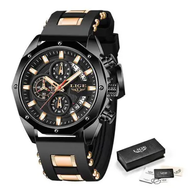 (Black) LIGE New Watch Men Luxury Brand Big Dial Watches Men Waterproof Quartz Wristwatch Sports