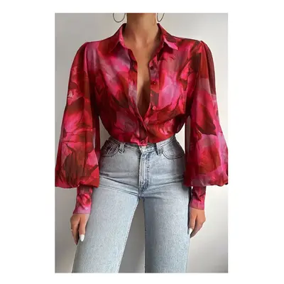 (Deep red, M) Spring Long Sleeve Top New Print Retro Hong Kong Style Shirt Women Design Lantern 