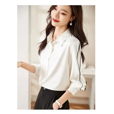 (WHITE, M) Women Spring Autumn Korean Fashion Loose Solid Color Polo Collar Long Sleeve Shirts L