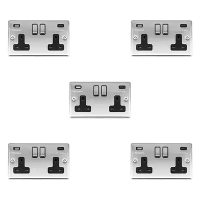 5 PACK Gang UK Plug Socket & 2x 3.1A USB-C & A SATIN STEEL & BLACK 13A Switch