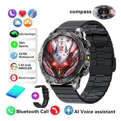 (black, Bamboo steel + silicone) New Outdoor Military Gps Smart Watch Men Amoled Hd Screen Heart