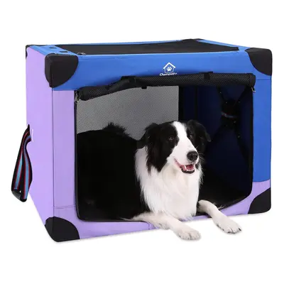 (Large, Blue and Purple) Soft Dog Crate Collapsible Travel Dog Portable Crate 3-Door Dog Kennel 