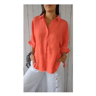 (Orange, XXXL) Cotton and line back lace up shirt blouse women fashion pure color long sleeve sh