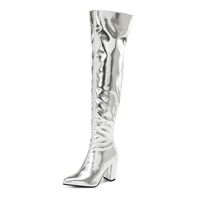 (silver, 37) Women Over-the-knee Boots With Zipper Gold Silver Shoes Woman Thigh High Boots