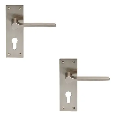 2x PAIR Flat Straight Lever on Slim Euro Lock Backplate x 50mm Satin Nickel