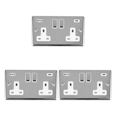 3 PACK Gang UK Plug Socket & Dual 3.1A USB-C & A CHROME & WHITE 13A Switched