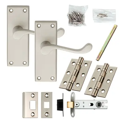 Door Handle & Latch Pack Satin Chrome Victorian Scroll Lever Square Backplate