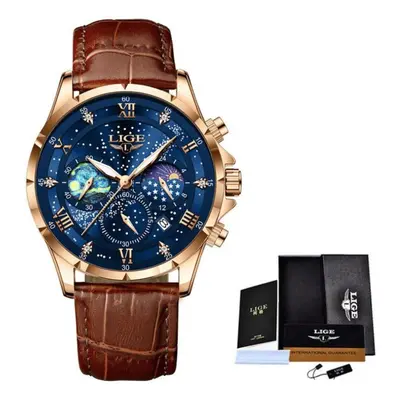 (rose gold,blue) Lige New Fashion Men Watch Luxury Business Starry Sky Leather Men Quartz Watch 