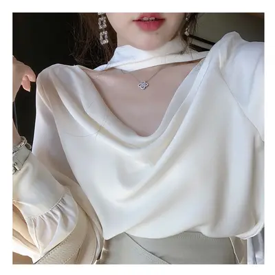 (APRICOT, L) Elegant Temperament Lacing All-match Satin Shirts Women Spring Summer Simplicity Of