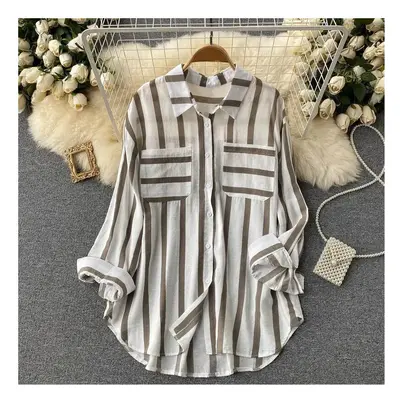 (khaki, XXXL) Spring Summer Striped Blouse Fashion Turn-down Collar Long Sleeve Button Top Casua