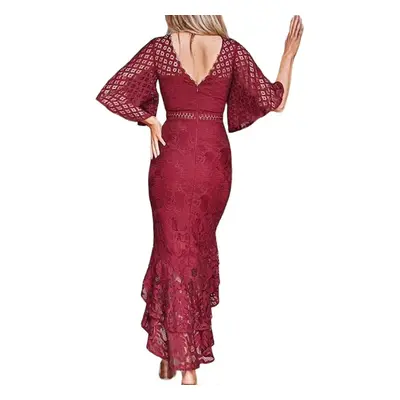 (M, Red Wine) Women Ladies Dip Hem High Low Assymetric Lace Dress Bodycon Fishtail Swing Dress