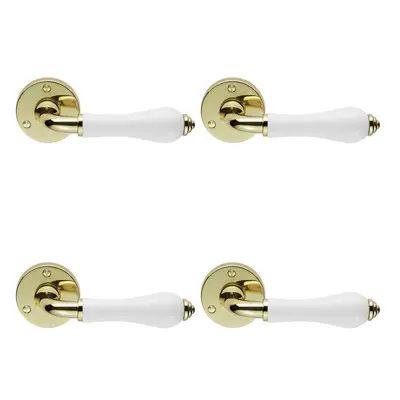 4x PAIR Porcelain Handle with Ringed Detailing 58mm Round Rose Polished Brass