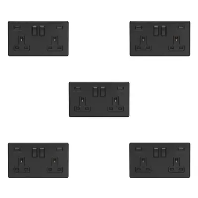 5 PACK Gang Double 13A UK Plug Socket & 2.1A USB-A SCREWLESS MATT BLACK