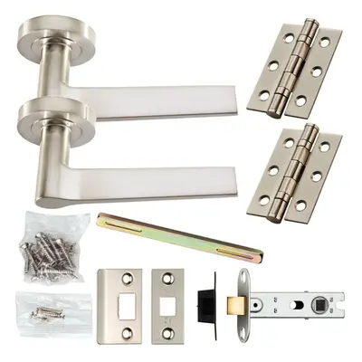 Door Handle & Latch Pack Satin Nickel Straight Flat Lever Screwless Round Rose