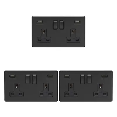 3 PACK Gang Double 13A UK Plug Socket & 2.1A USB-A SCREWLESS MATT BLACK