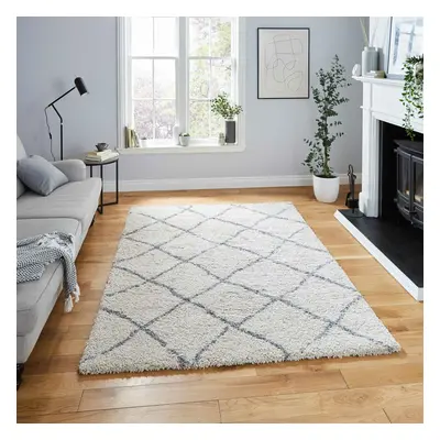 (Cream/Grey, x cm) Diamond Geometric Shaggy Rugs Nordic Scandi Barber Style Rug Soft Warm Small 