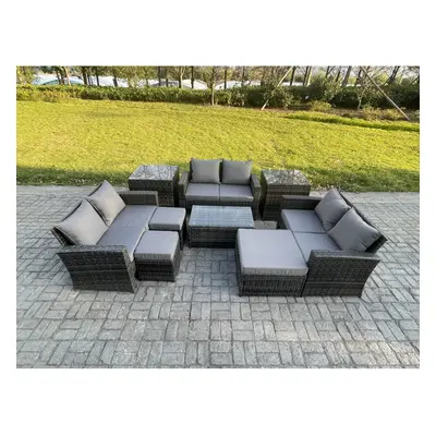 Fimous 9pc Rattan Sofa Garden Furniture Outdoor Patio Set with Side Tables Footstools Love Seat 