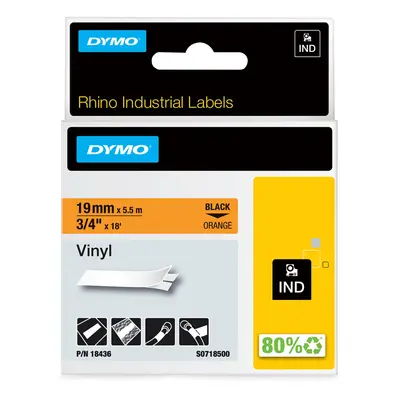 DYMO Rhino Industrial Vinyl Labels 3/4 Black Print on Orange Tape