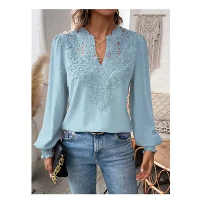 (blue, XXL) Autumn Women's Clothing New Sexy V-neck Fashion Lace Patchwork Solid Color Shirt Lon