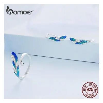 (925 silver) Bamoer Sterling Silver Dazzling Blue Feather Open Ring And Earrings Jewerly Set Pav