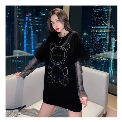 (black, XXL) Spring Summer Fashion Patchwork Net Yarn Bright Silk Loose Large Size Long Sleeve T