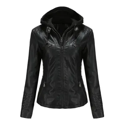 (black, XL) Women Spring Autumn Hooded Two Piece Removable Large Size Pu Washed Leather Jacket S